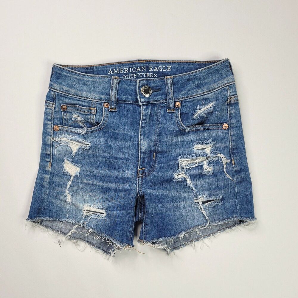 American Eagle Distressed Denim Shorts 00 Medium Wash Frayed Raw Hem Ripped